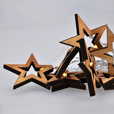 Vánoční řetěz s 10ti dřevěnými hvězdami, 10xLED/2xAA 1m